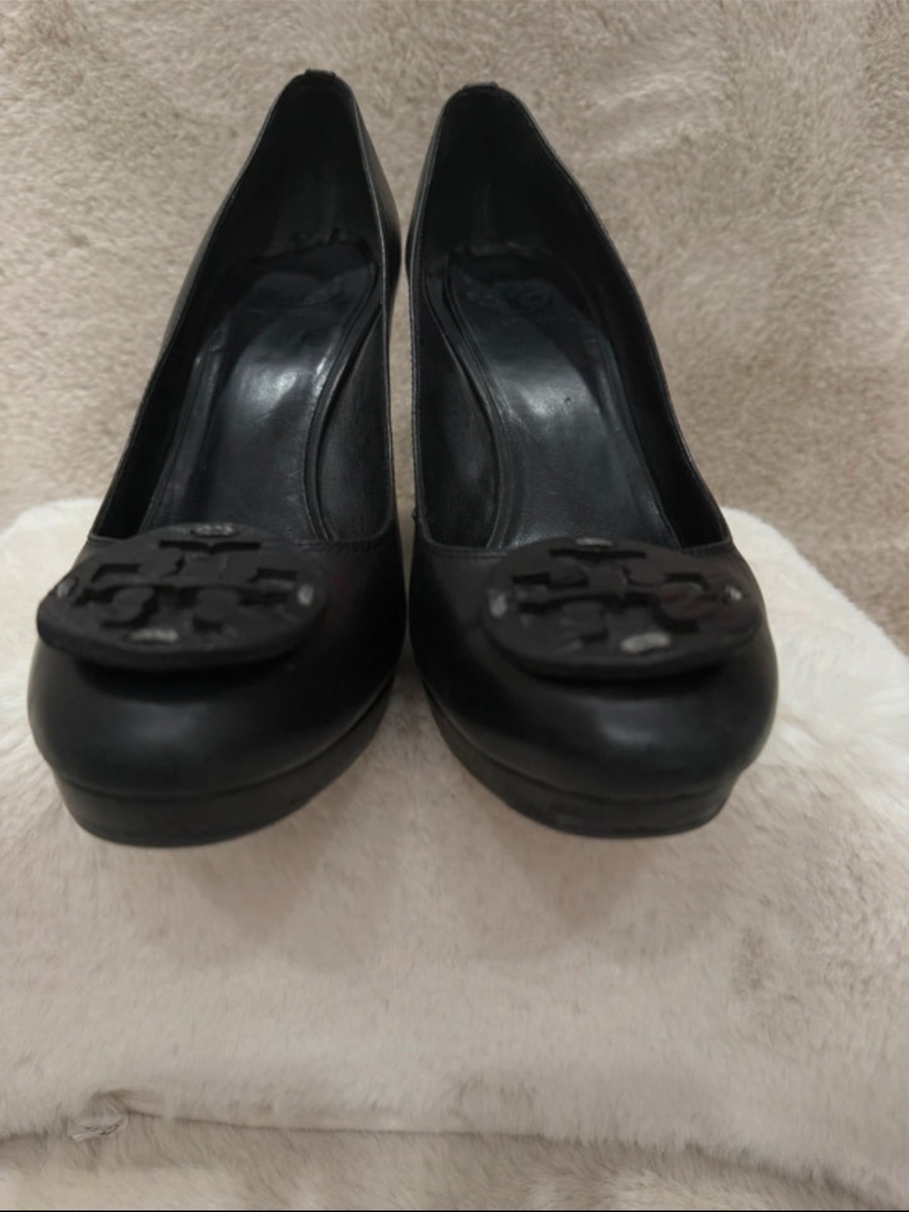 Tory Burch Black Leather Logo Wedge Pumps with Medallion